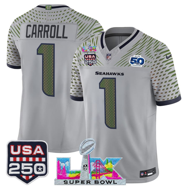 Men's Seattle Seahawks #1 Pete Carroll Gray 2025 F.U.S.E. Super Bowl LX & US 250th anniversary Patch And 50th Season Patch “Rivalries” Vapor Limited Football Stitched Jersey